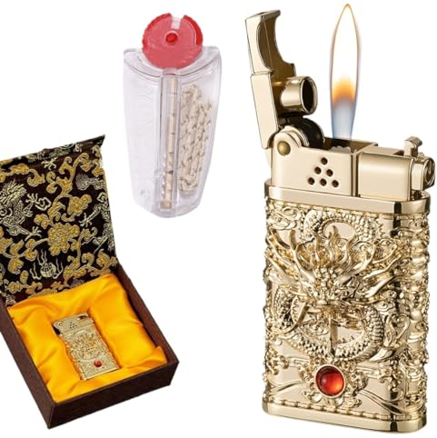 Steampunk-Kerosin-Feuerzeug mit Geschenkbox, passend zu 7 Feuersteinen, Feuerzeug-Zubehör-Set, einzigartige Geburtstagsgeschenke (Color : Gold)