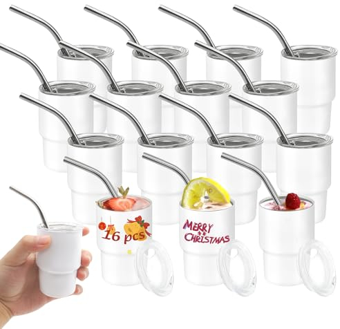 YOUKE OLA 16 Pack Sublimation Shot Glasses Tumblers Blanks Mini Wine Tumbler with Lid and Straw Stainless Steel Tumblers Cups Bulk for Sublimation Oven Printing, 3oz White