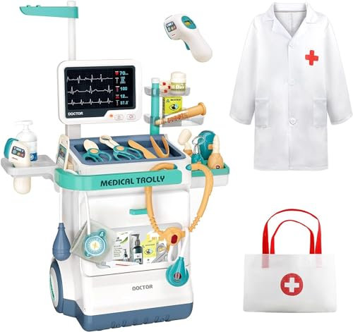 AIQI Kit de médecin Jouet pour Enfants, Ensemble de Jeu Médical Simulé de 26 Pièces avec Chariot Médical Mobile Equipé de Fonctions Sonores et Lumineuses pour 3 Ans+ Enfant Garçons Filles