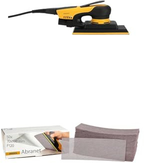 Mirka DEOS II 383 Ponceuse orbitale 70x198mm 300 W Ponceuse à faibles vibrations et Abranet Bande abrasive en filet 70x198 mm autoagrippant / grain P120 / 50 pces