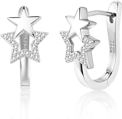 Silber 925 Ohrringe für Damen, Kleine Creolen Ohrringe Kleine Stern Creolen Silber Zirkonia Ohrringe Hypoallergen Kleine Huggie Creolen Ohrringe Zirkonia Stern Ohrringe für Frauen Mädchen
