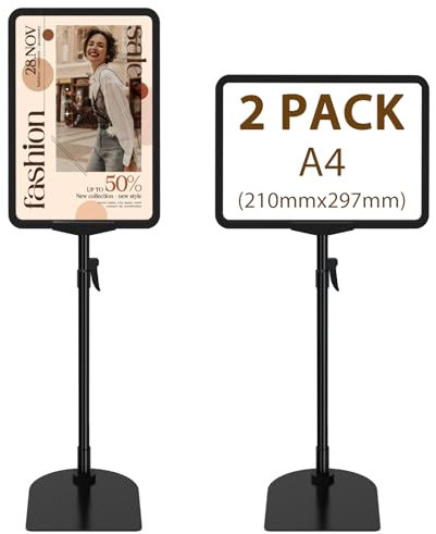 Newzealkids Paquete de 2 soportes ajustables para póster A4, soporte reutilizable para publicidad de menú de negocios, soporte de exhibición para vista vertical y horizontal, color negro
