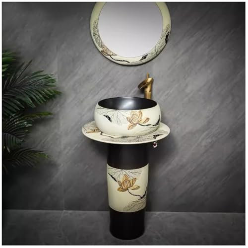 ZTGL Design Noir Céramique Rond Vasque sur Pied Salle De Bain, Lavabo Colonne en Fleurs Peintes à la Main, Lavabo Rétro Vasque Meuble Lave Mains pour Intérieur/Exterieur,4 Piece Set