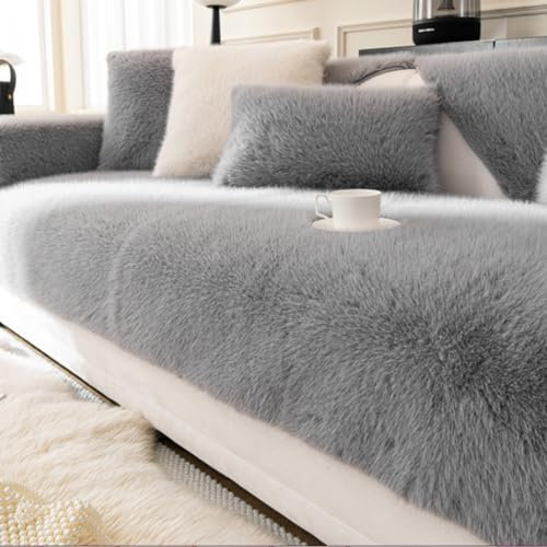 Plüsch Sofa Überzug L Form 1234, Fuzzy Sofabezug Winter Sofa Cover Sofa Auflage, Universelle rutschfeste Sofaschoner, Waschbar Superweiche SofaÜberwurf aus Kunstpelz Grau, 90 * 180cm