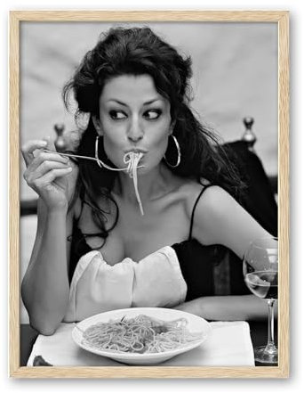 iHery Kunstdruck auf Leinwand, Motiv Italienische Frau, die Pasta isst, Natureiche, 30,5 x 40,6 cm, hochwertige Leinwand, Vintage-Stil, Dame isst Spaghetti, Schwarz-Weiß-Druck, Retro-Sophia Loren,