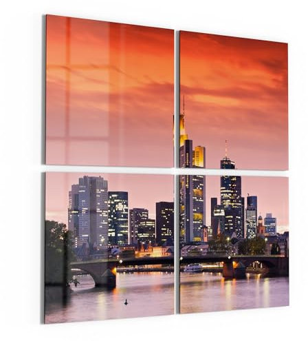 DEQORI Glasbilder Echtglas | Motiv Frankfurt im Abendglanz | quadratisch 4-teilig 4x50x50 cm | große XXL Deko | Wandbilder für Wohnzimmer, Schlafzimmer, Flur & Küche | moderne Wanddeko