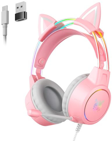 Gaming Headset with Detachable Cat Ear for PC PS4 PS5 Xbox One Switch, Improved Lightweight Wired Over-Ear Headphones with Mic, RGB Lighting & Stereo Surround Sound, Type-C Connection with USB Adapter
