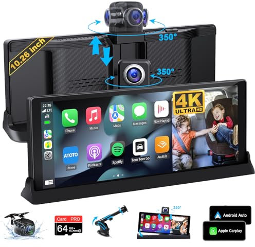 4K Apple Carplay Screen 10.26'' Car Play Screen 350° Rotatable Front Lens Wireless Carplay & Android Auto Car Screen with Dashcam Reversing Camera Dual Bluetooth Mirror Link Voice Control Navigation