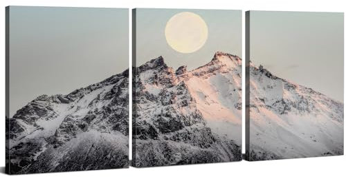 Black and White Set of 3 Canvas Wall Art Mountains Pictures Wall Decor Full Moon Canvas Prints Realism Snow Mountain Landscape Wall Prints Artwork for Living Room Bedroom Home Decoration 30x40cm