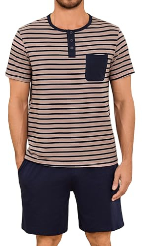 Leversic Pyjama Homme Été Ensembles de Pyjama Homme Pyjama Short Homme Pyjama Coton Homme Pyjama Court à Manches Vêtements de Détente Deux Pièces Confortable Doux 205-Marron Clair M