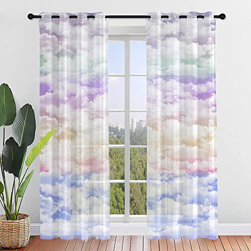 ENEN 2er Set Scheibengardinen Modern Halbtransparent Bistrogardine, Farbige Wolken Schlaufengardinen Gardinen Küche, Türgardine für Schlafzimmer Wohnzimmer (80x115cm,Regenbogen)