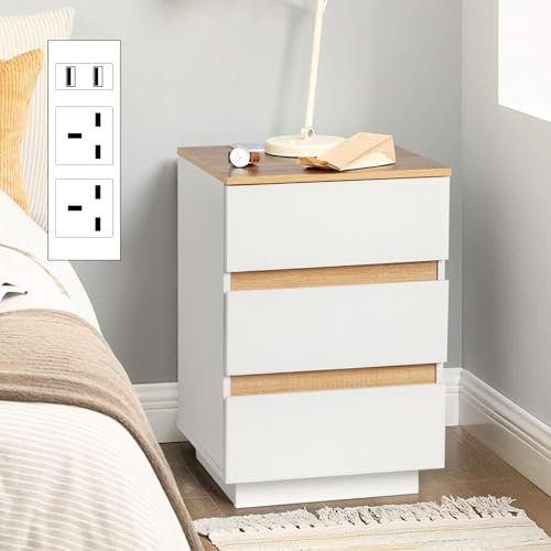 Karl home Bedside Table with Charging Station, White End Table with 3 Drawers for Bedroom, Wooden Nightstand with Cut-Out Handles, End Table for Living Room, 2 USB Ports, Oak, 38x32x56