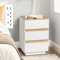 Karl home Bedside Table with Charging Station, White End Table with 3 Drawers for Bedroom, Wooden Nightstand with Cut-Out Handles, End Table for Living Room, 2 USB Ports, Oak, 38x32x56