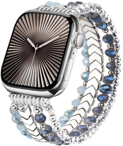 DEALELE Bracelets perlés compatibles avec Apple Watch 42 mm, 41 mm, 40 mm, 38 mm, bijoux élastiques faits à la main avec perles de cristal pour iWatch Series 10/9/8/7/6/5/4/3/SE pour femme, bleu