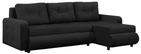 FORNIRO 24 Fabio Ecksofa 226x143x83cm Schwarz Wohnzimmer Couch Schlafsofa | Mit Schlaffunktion & Bettkasten - L-Form - Kissen - Stoff Komfort | ausziehbar Gäste bequem Stauraum Design hochwertig robust