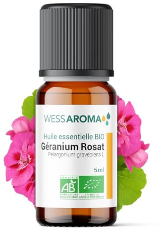 Huile Essentielle BIO de Géranium Rosat 5ML - Certifiée AB - 100% Pure & Naturelle, Chémotypée HEBBD - Pratiques agricoles durables - Analysée et conditionnée en France