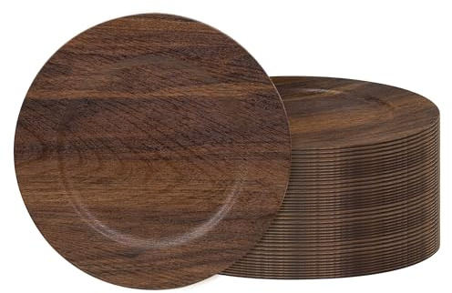 JEVERGN 40 Pack Farmhouse Charger Plates Bulk, 13'' Faux Wood Chargers for Dinner Plates, Brown Plate Chargers Set of 40, Round Plastic Charger for Wedding, Party Event, Dinner, Table Setting