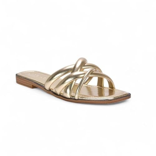 ESSEX GLAM Women's Strappy Flat Sandal Ladies Comfy Holiday Casual Open Toe Gold Metallic Synthetic Leather Mule Slider Size 4