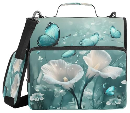 Ordner mit 3 Ringen, Reißverschluss, Frühlingsblumen, Blumenmuster, Blaugrün, Schmetterling, Tasche mit Schultergurt, 500 Blatt, Papier-Organizer, Dokumentenaufbewahrung, Aktenordner für Schule, Büro