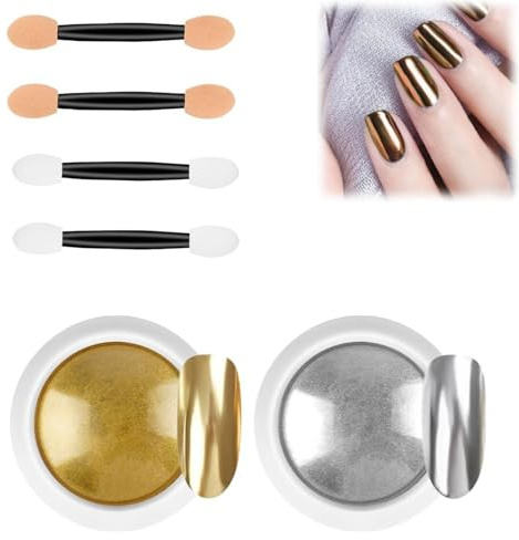 2PCS Chrome Nail Powder,Silver And Gold Chrome Nail Powder,Metallic Mirror Glitter Effect,Long Lasting And Sturdy,Fine P-owder Texture,For N-Ail Design DIY,Includes 2 Eyeshadow Sticks(Silver & Gold)
