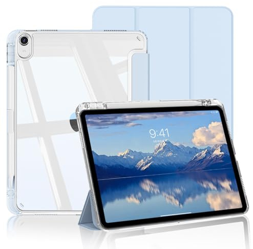 BQDIYOO Coque pour iPad (A16) 11ème/iPad 10ème Gén 2025/2022,Bleu Clair | avec Porte Pencil, Coque Rigide Transparente à l'arrière, Réveil/Sommeil Auto,Support 3 Volets