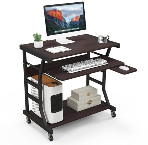 LIFEZEAL Bureau d'Ordinateur à roulettes, Bureau d'Ordinateur Mobile pour Petits Espaces, Table avec Plateau pour Clavier et Souris, Étagère de Rangement Inférieure, Marron Foncé, 75 x 50 x 75 cm