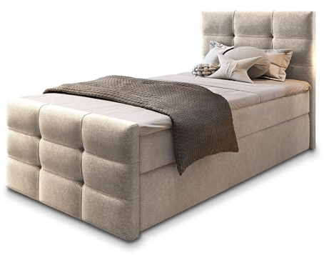 Masseno Boxspringbett Amon 90 90x200 cm Komplett-Set mit Matratze und Topper, Polsterbett mit Zwei Bettkästen -Beige, Cosmic 10