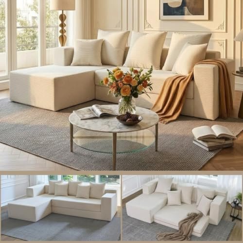 YINIX 4-in-1 Modulares Klappbares Schlafsofa 3-Sitzer, Cord Sofa L-Form | Platzsparendes Ecksofa 235 cm mit Schlaffunktion, breiten Armlehnen, Metallrahmen, Anti-Rutsch-Boden, ohne Montage.