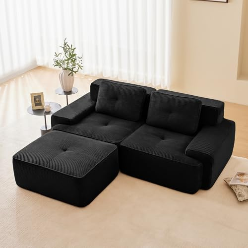 Dolamaní Boneless Modular 2-Sitzer-Sofa + 1 Hockern Cord, montagefrei, Tiefem Sitz, L-förmiges, modernes Ecksofa Eckcouch Couch für Wohnzimmer/Schlafzimmer/Büro/Wohnung (Schwarz)