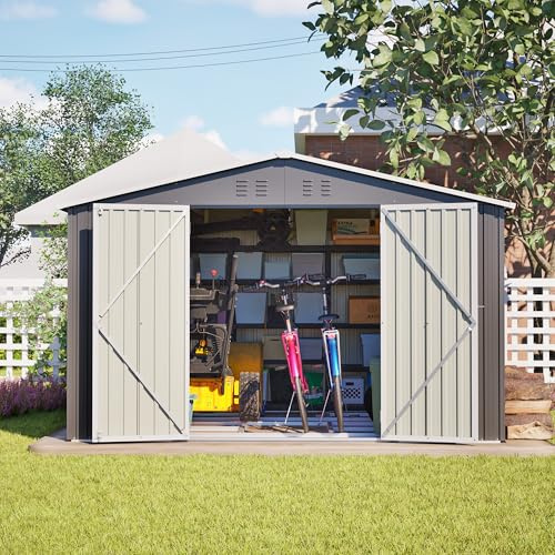 Abri de jardin XXL 300 x 252 x 191 cm en métal avec toit à pente et 2 portes coulissantes, résistant aux intempéries, verrouillable, gris, pour vélos et outils de jardin
