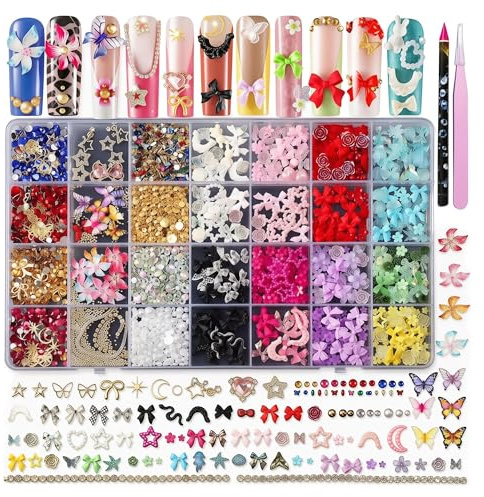 80+ Y2K 3D Nail Charms - Gems Pearls Rhinestones And Application Tools | 80-Plus Nail Charms, Y2K Rabbit And Bow Designs, Flat Backs For Placement, Wax Pencil And Tools Included For DIY Sets