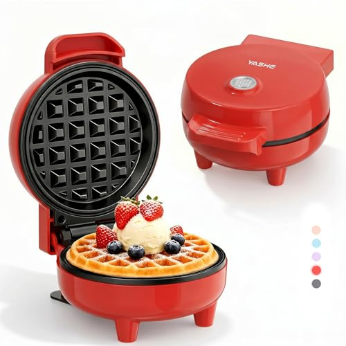 YASHE Mini Waffeleisen 550W, Antihaft-Waffelmaschine, Rot | Kompakt für Frühstück, Desserts und Snacks; Kontrollleuchte, Cool-Touch-Griff und antihaftbeschichtete Platten