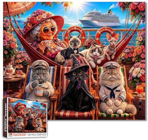 Lustiges Oma-Puzzle, 1000 Teile, Katzen-Kreuzfahrt-Puzzle für Erwachsene, Senioren-Yacht-Schiff-Kunstpuzzle, einfaches Familienpuzzle für Spieleabende, Wanddekoration, 50 x 70 cm