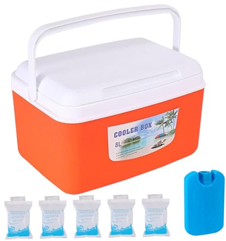 8-Liter-Festkühler mit Kühlakkus, kleine Eistruhe mit 48-Stunden-Kältespeicherung, tragbare Kühlbox für Outdoor, Strand, Camping und Picknicks – lebensmittelecht, auslaufsicher, orange, h