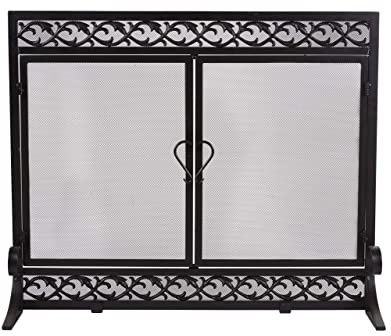 Plow & Hearth Scrollwork - Pantalla pequeña para Chimenea con Puertas con bisagras, Borde de Hierro Fundido, Marco de Acero Resistente, Malla de Metal Duradera, Decorativa, diseño Elegante, Protector