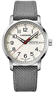 WENGER Herren Armbanduhr Attitude Heritage Ø 42 mm, Swiss Made, Analog Quarz, Wasserdicht bis 100 m, Nylon/Leder-Armband, Creme/Grau, 01.1541.106