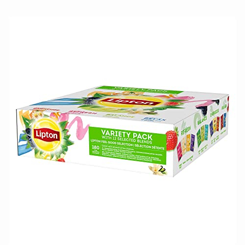 Lipton coffret Thés et Infusions, Sélection Lipton Feel Good, 12 parfums différents de thés noirs, thés verts et infusions, 1 boite, 180 sachets