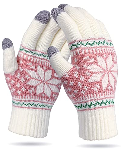 VENI MASEE Weihnachten Frauen Männer Snowprint Keep Warm Strickwolle Touch Screen Handschuhe - Damen Weiß,20cm