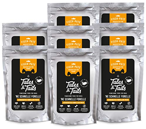 Tales & Tails® - Nassfutter für Hunde aus 100% isländischer Forelle | Getreidefreies Hundefutter, Natürlich, Nährstoffreich, Zuckerfrei | Hundenassfutter „’Ne schnelle Forelle“ | 8X 100g