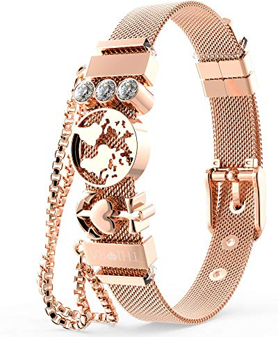 THIORA Armband Frauen Rosegold | Anhänger austauschbar | Premium Edelstahl | Weltkarte Anker Glitzer | Charmband | Geschenk (Summer Dream - Rosegold)