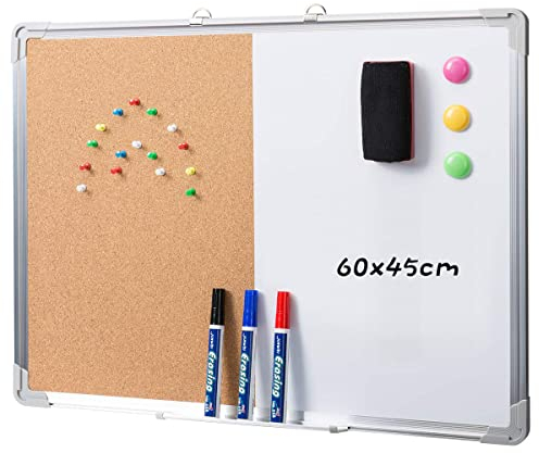 DOEWORKS Tableau Mixte 60 x 45cm Tableau Blanc Magnétique & Tableau en Liège, Double Face Tableaux d'affichage Mural pour Maison Bureau École