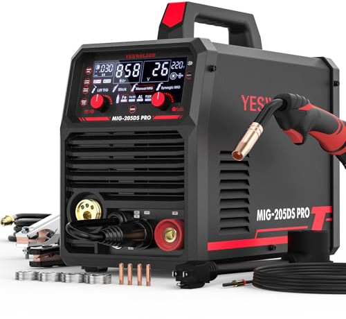 YESWELDER 205A MIG Welder, 110V/220V Dual Voltage, 5 in 1 Gas MIG/Flux Core MIG/Spool Gun MIG/Lift TIG/Stick Multiprocess LED Digital Display Aluminum MIG Welding Machine MIG-205DS PRO