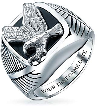 Bling Jewelry Personalisieren Männer Große Aussage Quadrat Schwarz Patriotisch Usa American Bald Eagle Signet Ring Für Männer Silber Ton Edelstahl Custom Graviert