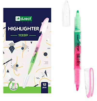 D.RECT 1133P Textmarker mit Schrägkeilspitze Doppelspitzen-Highlighter Türkis/Rosa Pastellfarbe x 12 Stück
