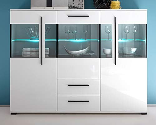 GuenstigEinrichten Highboard Design-D in Hochglanz weiß Kommode 160 x 126 cm Anrichte Wohnzimmerschrank Vitrinenschrank