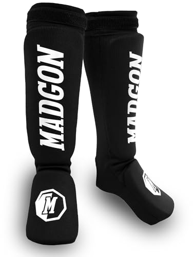 MADGON Schienbeinschoner mit perfektem Sitz und idealer Polsterung! Schienbein-Schutz mit geringer Schweißentwicklung. Beinschützer aus Stoff für Kampfsport, MMA, Kickboxen - 1 Paar inkl. Beutel!