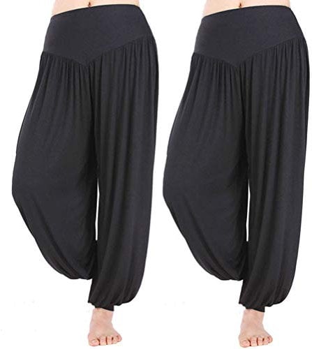 HOEREV Haremshose aus super weichem Modal-Elastan, für Yoga, Pilates, Schwarz + Schwarz, 2 Paar, Groß