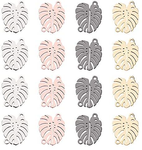 UNICRAFTALE 24pcs 4 Farben Edelstahl Ketten Anhänger Metall Verbinder Charms Blatt Schmuckverbinder Metall Monstera Blatt Halskette Anhänger Mit Doppelloch Für DIY Halskette Schmuckherstellung