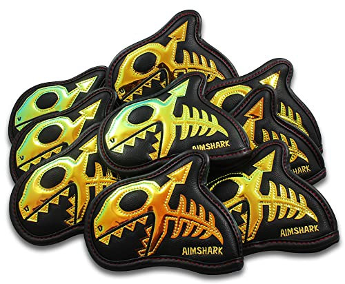 AIMSHARK Golf Club Covers, 9pcs Set or 1pcs, Skull_Shark Design, Textured Leather, Magnetic Closure, Fits Irons Set [4,5,6,7,8,9,P,A,S]