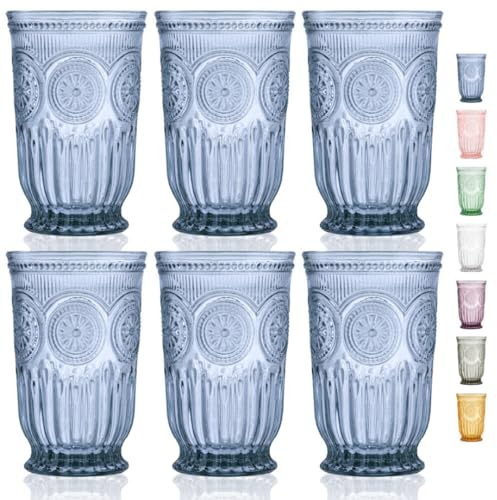Yungala Juego de 6 vasos de cristal azul, aptos para lavavajillas, cristalería azul hecha de vidrio azul, 6 vasos de colores